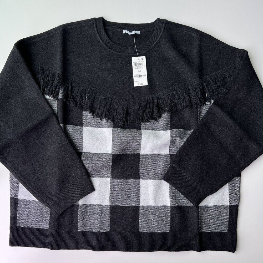 BAR III Womens Sweater Plus Size 2X Buffalo Check‎ Fringe Trim Black White